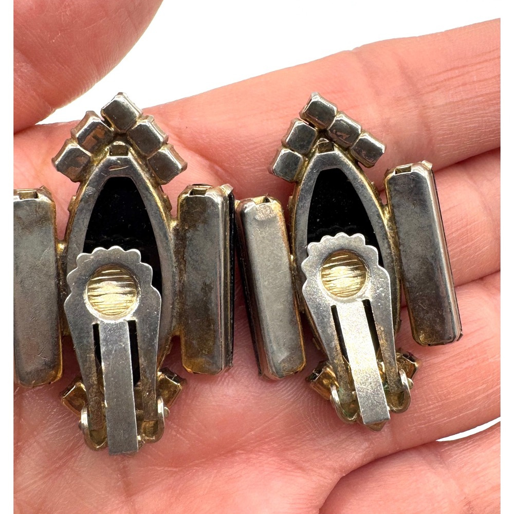 Vintage Black Cabochon Pink Rhinestone Clip On Earrings Mid Century Modern - Picture 4 of 5